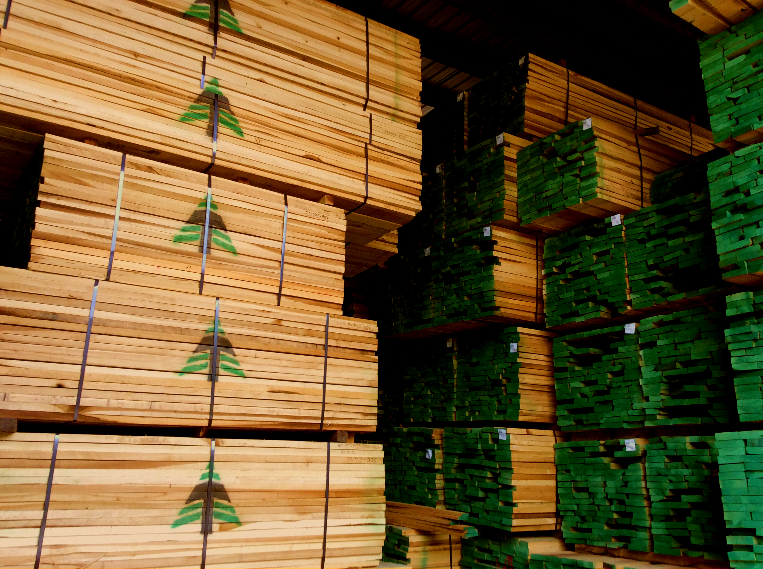 Kiln dried lumber in a warehouse with Turman logo.